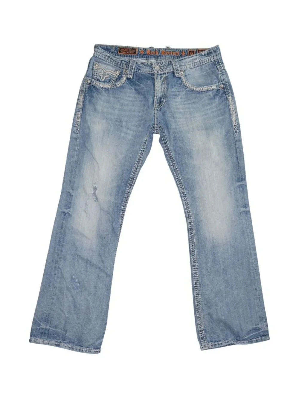 Rock Revival Nelson Bootcut Jeans Men 36x34 Light Wash Distressed Thick Stitched